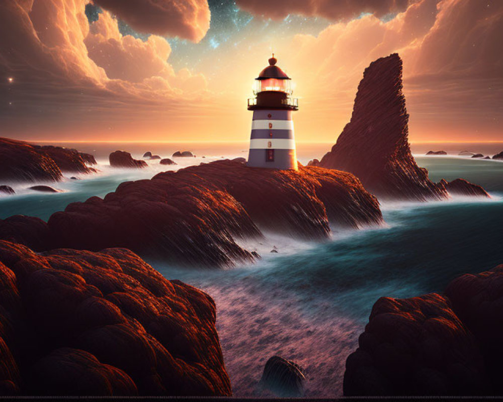 Lighthouse on rugged coastline at twilight with stars and red algae-covered rocks