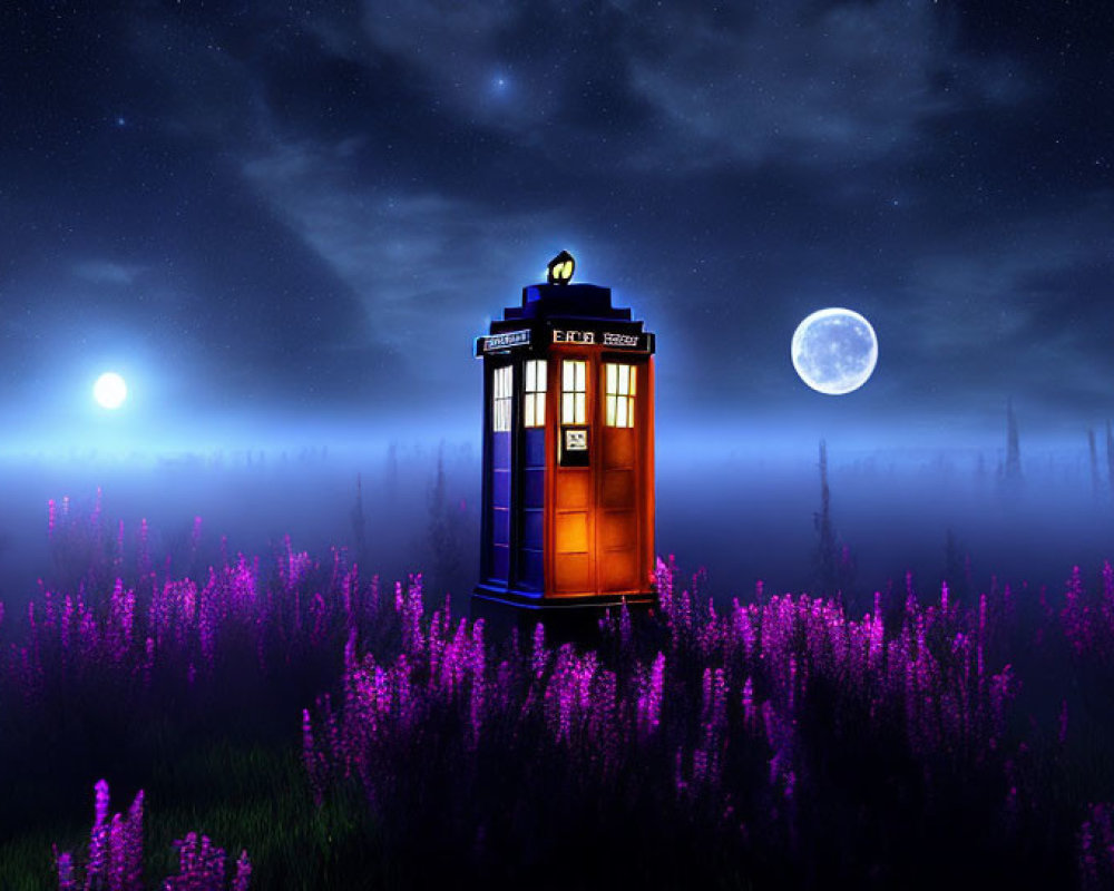 Mystical night landscape with TARDIS, moon, sun, and purple flowers