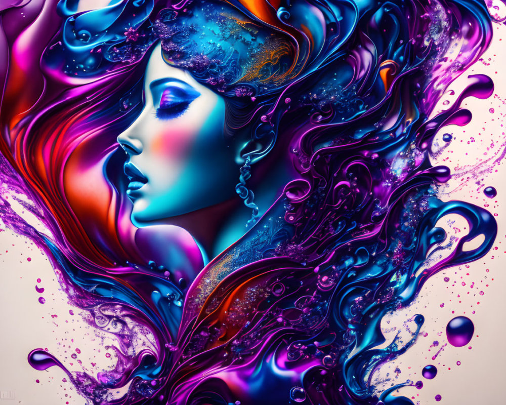 Colorful digital artwork: Woman with flowing hair and ornate details on liquid background