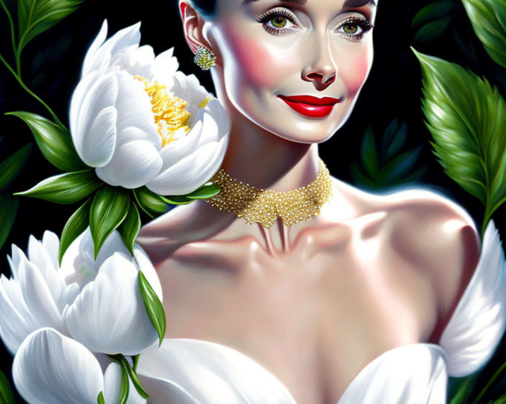 Illustrated portrait of elegant woman with white flower, earrings, and choker in lush green setting.