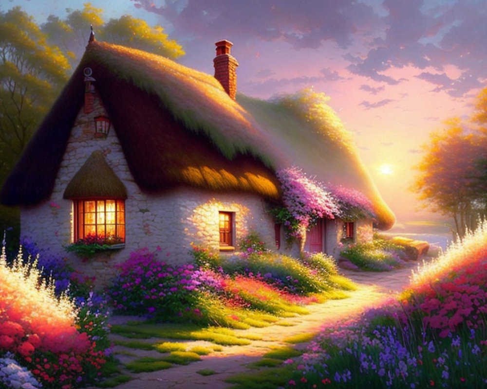 Thatched Roof Cottage Surrounded by Vibrant Flowers at Sunset