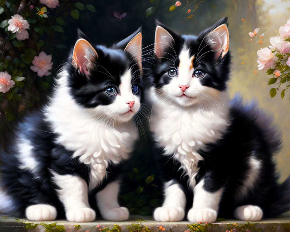 Fluffy Black and White Kittens with Blue Eyes Among Blooming Flowers