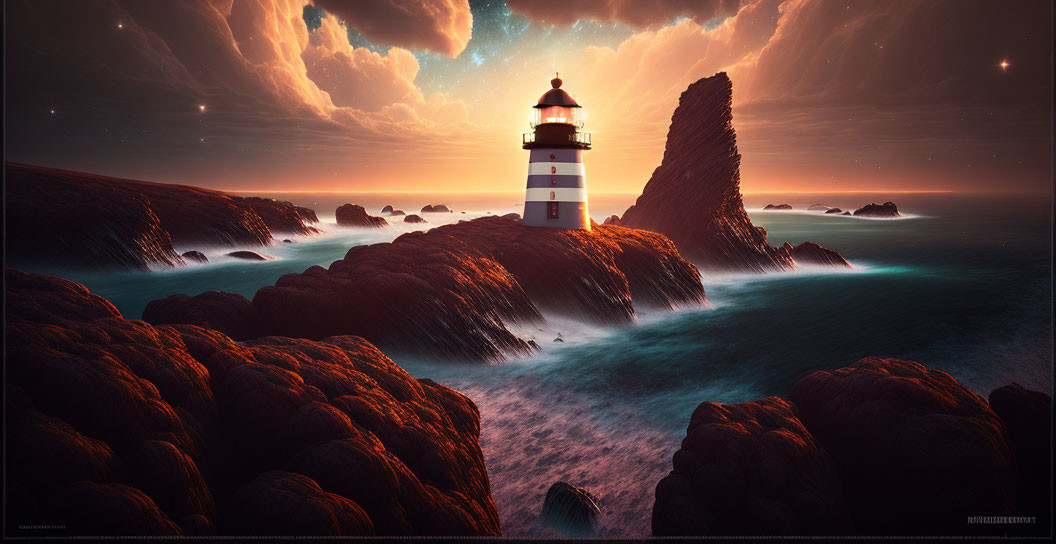 Lighthouse on rugged coastline at twilight with stars and red algae-covered rocks