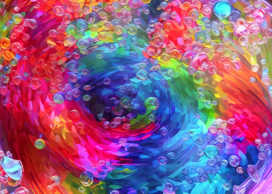 Colorful Abstract Swirl with Bubble-Like Textures and Rainbow Spiral Pattern