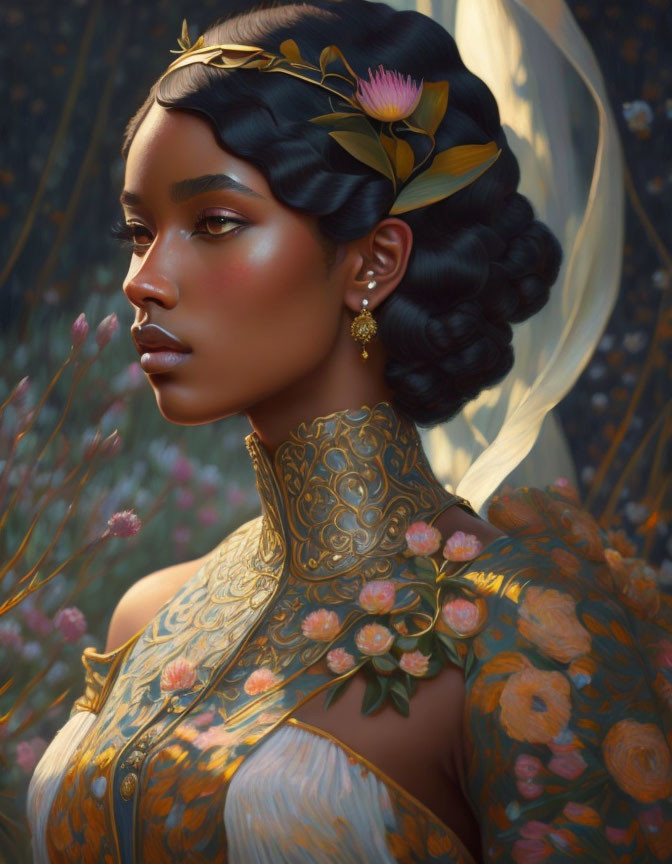 Woman in ornate gold attire with braided hair and flowers, gazing amidst floral backdrop