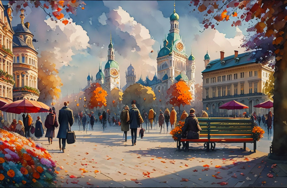 Vibrant autumn city street scene with people and historic buildings