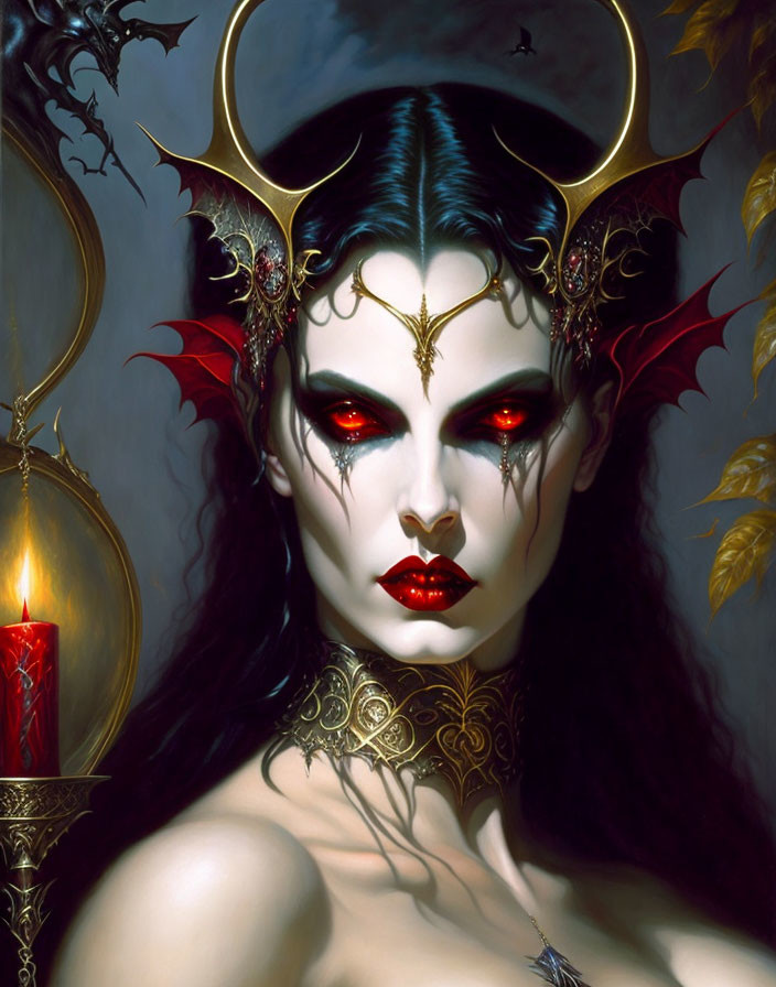 Gothic fantasy portrait of female figure with red eyes and ornate headpiece