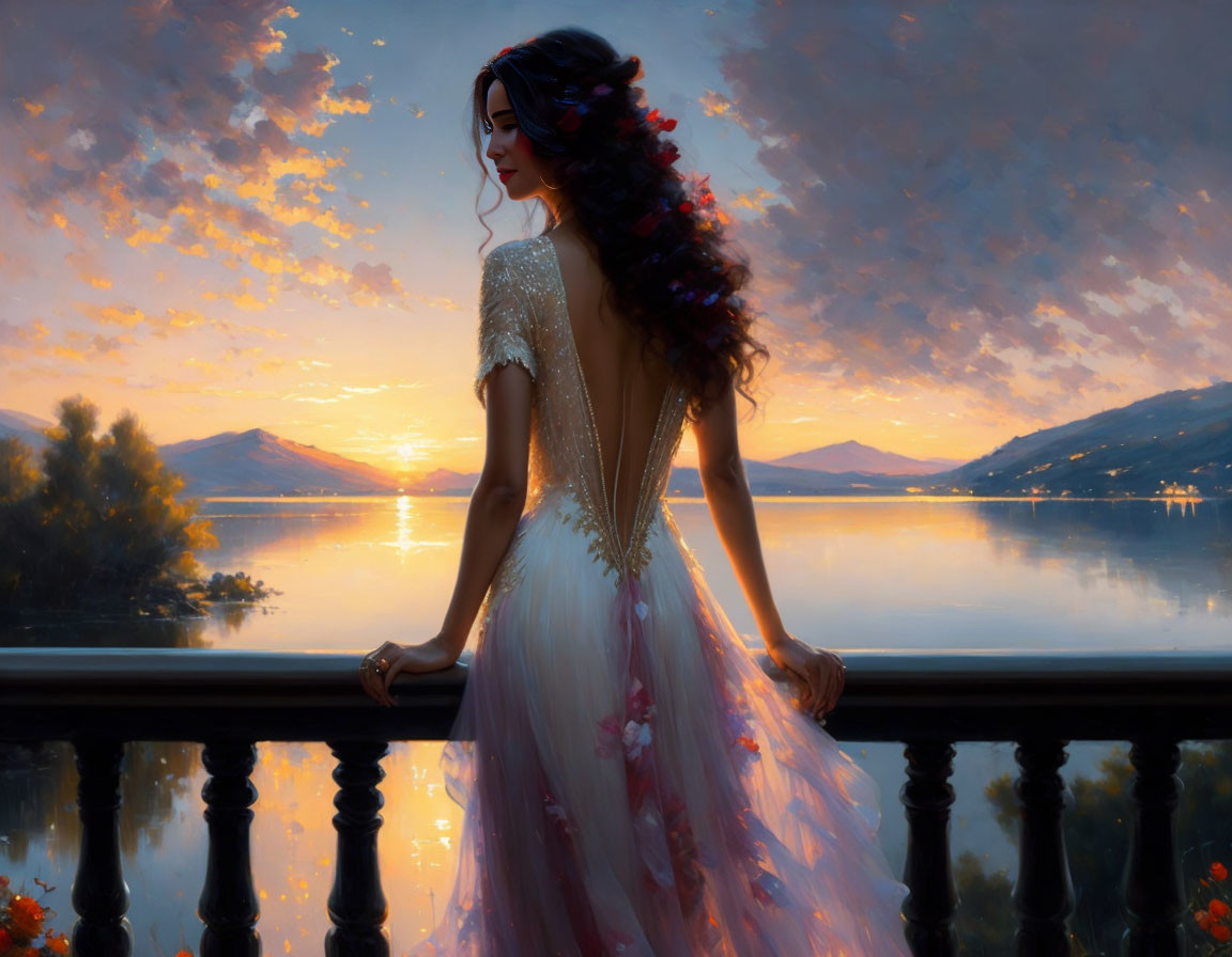 Woman in floral dress gazes at sunset lake from balcony