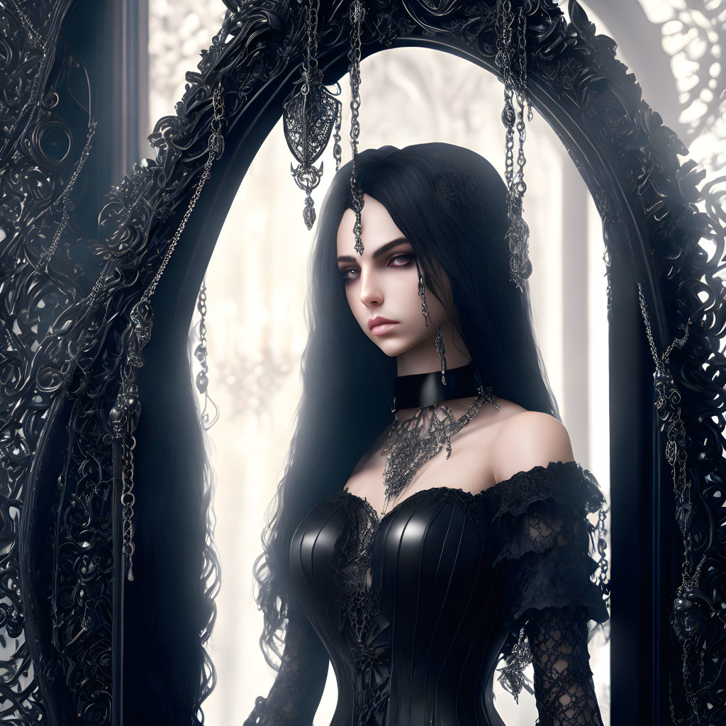 Gothic-inspired woman with long black hair and dark makeup before ornate archway