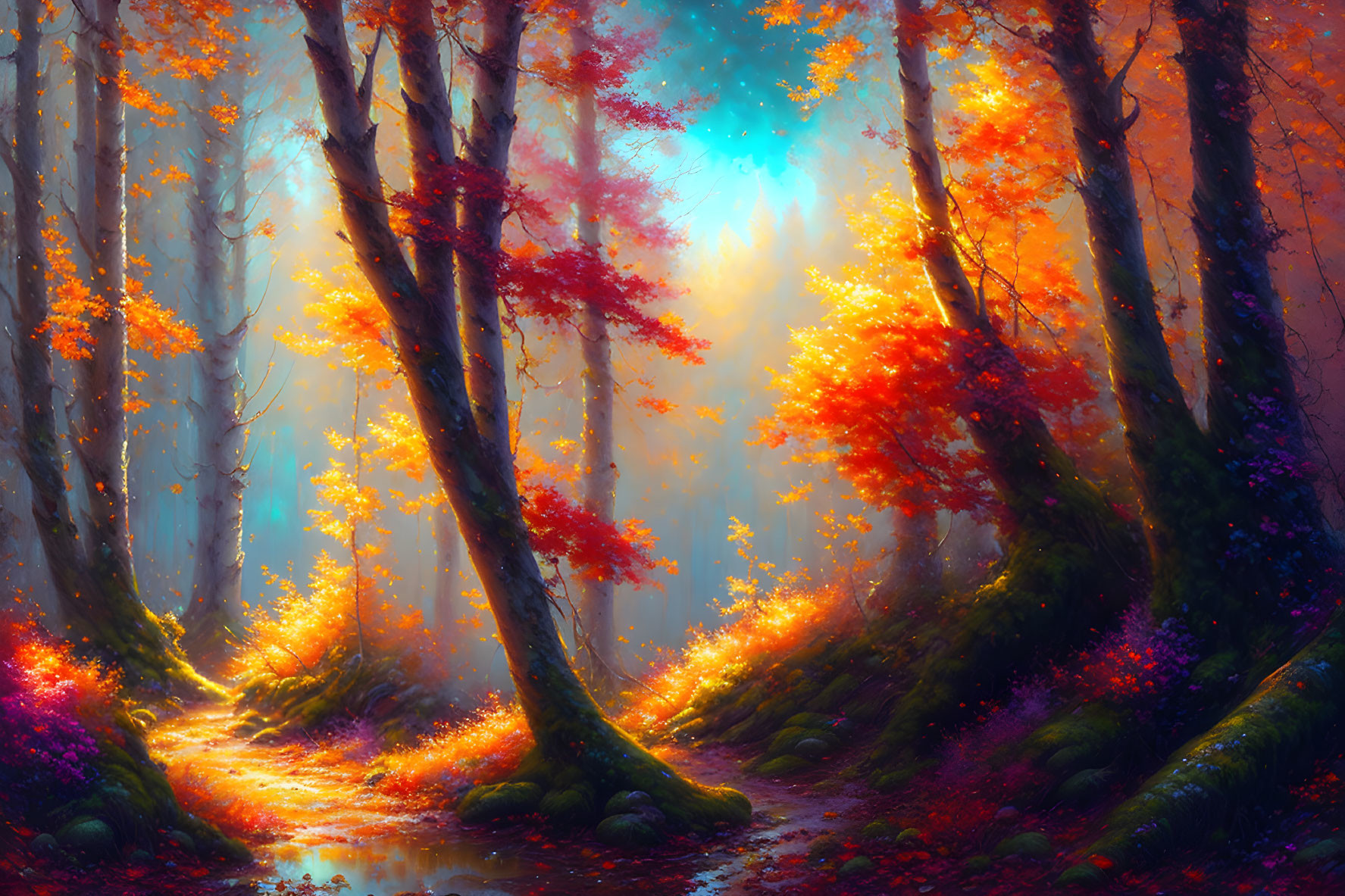 Vibrant forest scene with towering trees and sunlit path