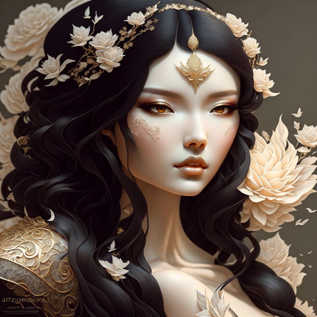 Stylized portrait of woman with long black hair and golden floral accessories