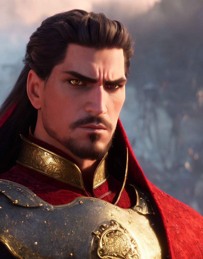 Animated male character with long black hair and red cape in ornate armor - close-up view