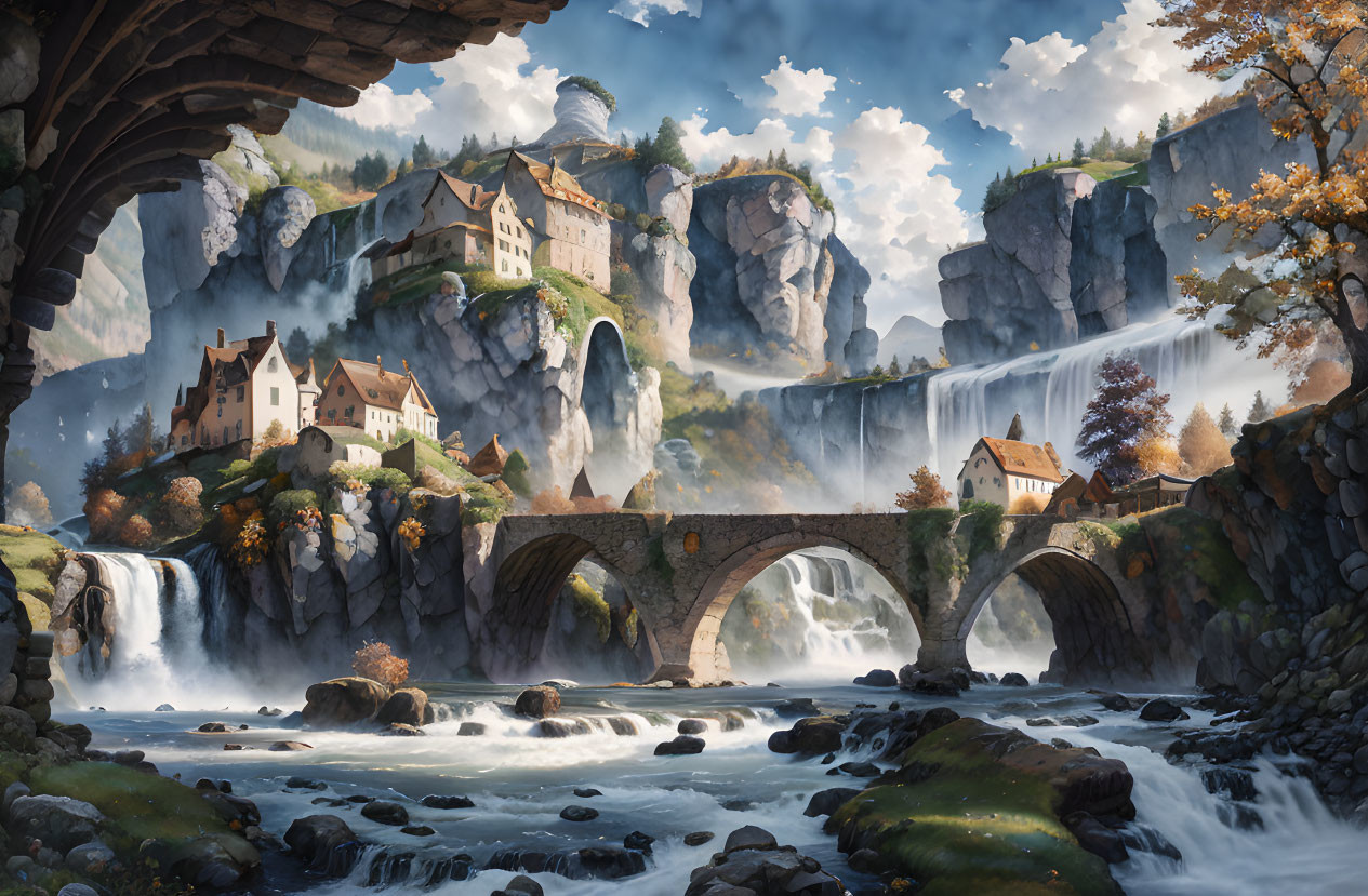 Fantasy landscape with waterfall, stone bridge, medieval buildings, cliffs, river, and sky.