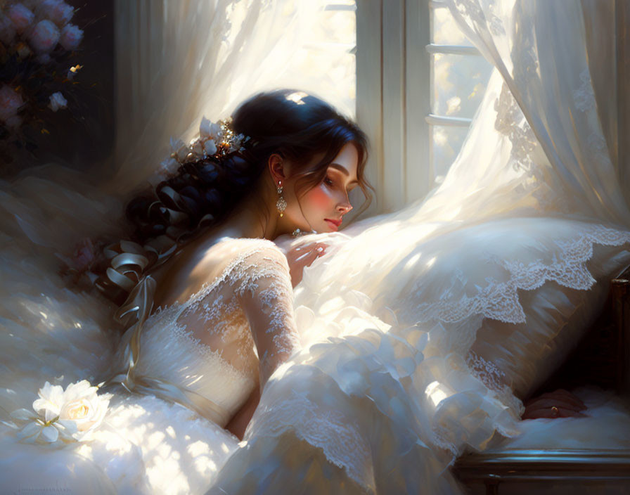 Bride in white gown with lace neckline by sunlit window