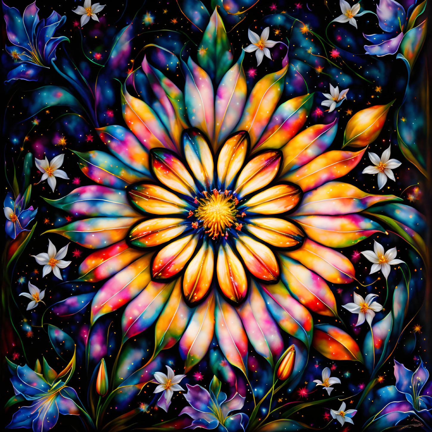 Colorful cosmic flower surrounded by floating lilies in dark space