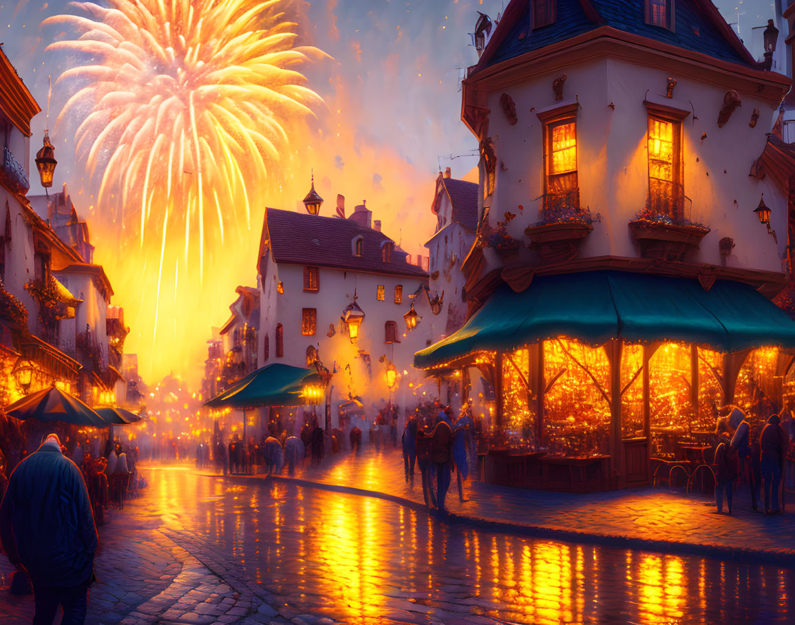 Lively street scene at dusk with people and fireworks