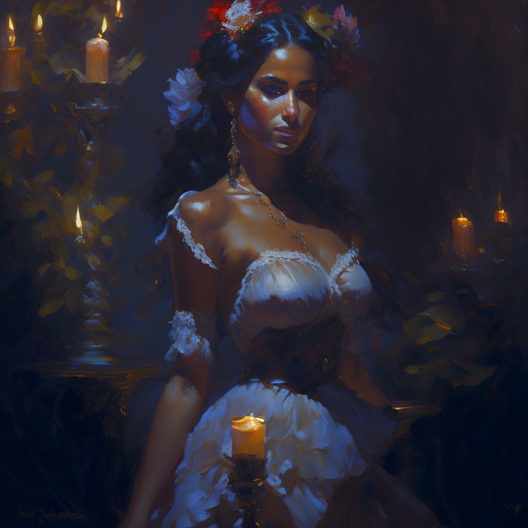 Dark-haired woman in white dress surrounded by candlelight