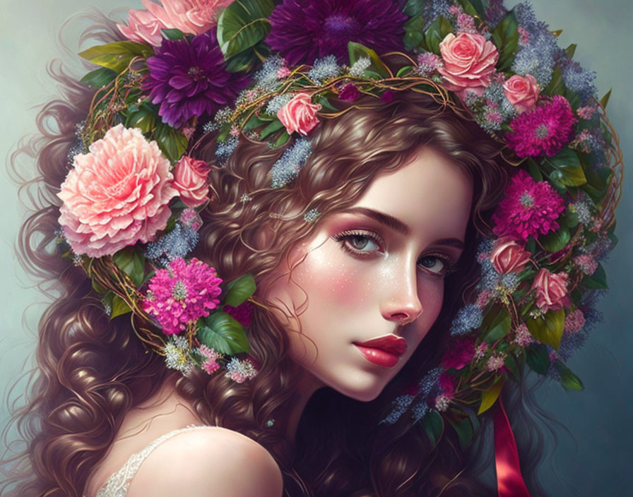 Illustrated woman with curly brown hair and floral wreath in pink and purple.