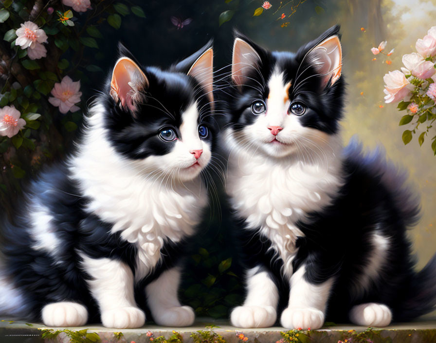 Fluffy Black and White Kittens with Blue Eyes Among Blooming Flowers