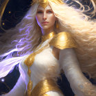 Fantasy illustration: Woman with golden hair, white attire, gold jewelry, celestial backdrop