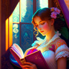 Young woman reading book by sunlit stained glass window.