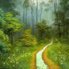 Tranquil forest path with yellow-flowered trees and misty backdrop