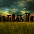 Ancient Stonehenge with Milky Way and Celestial Objects on Grassland