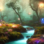 Enchanted Forest with Glowing Flora and Blue Stream