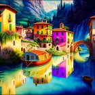 Vibrant stylized artwork of idyllic village with colorful houses, stone bridge, and boats