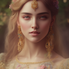 Detailed Portrait of Woman with Jewelry and Floral Hair Adornments