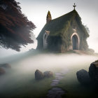 Moss-covered church in foggy landscape with stone pathway