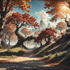 Vibrant forest scene with towering trees and sunlit path