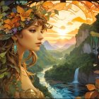 Serene woman with floral adornments in nature with waterfalls and sunset