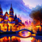 Fantasy castle with glowing orange lights and silhouetted spires at twilight