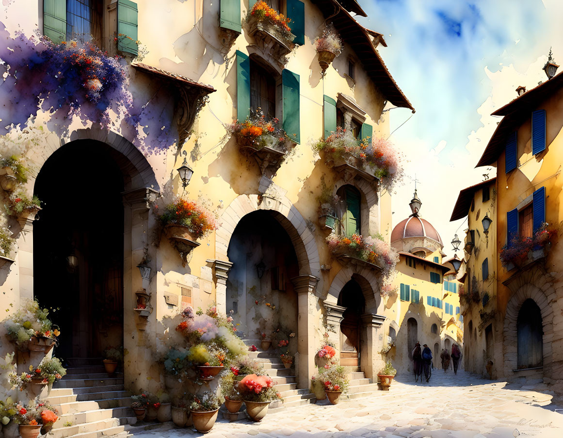 European Street Scene: Historic Stone Buildings and Vibrant Flowers