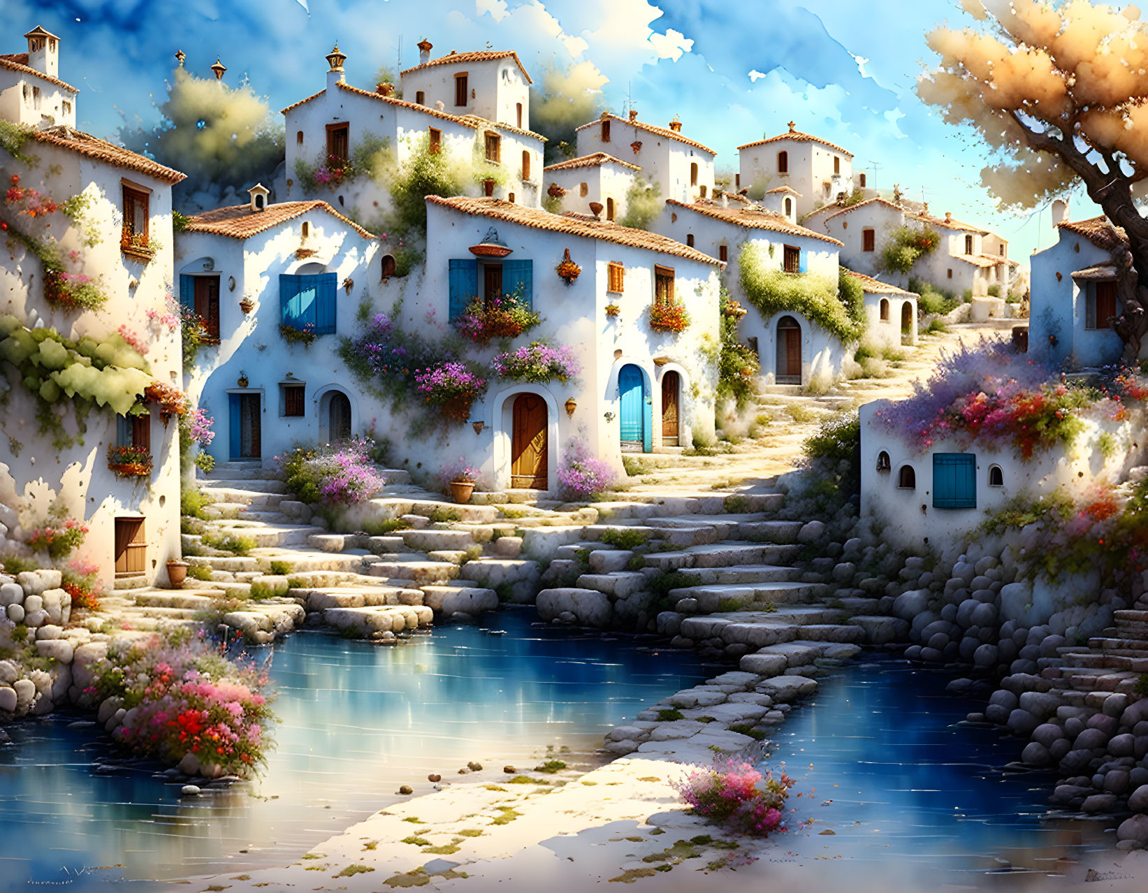 White houses, blue doors, vibrant flowers in a picturesque waterfront village.