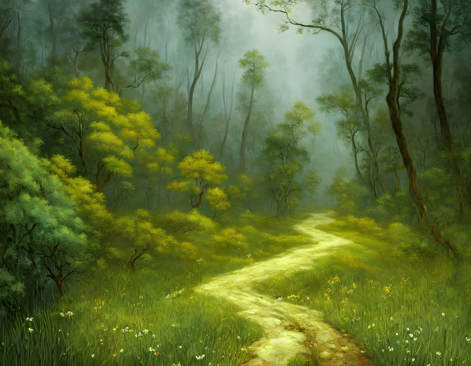 Tranquil forest path with yellow-flowered trees and misty backdrop