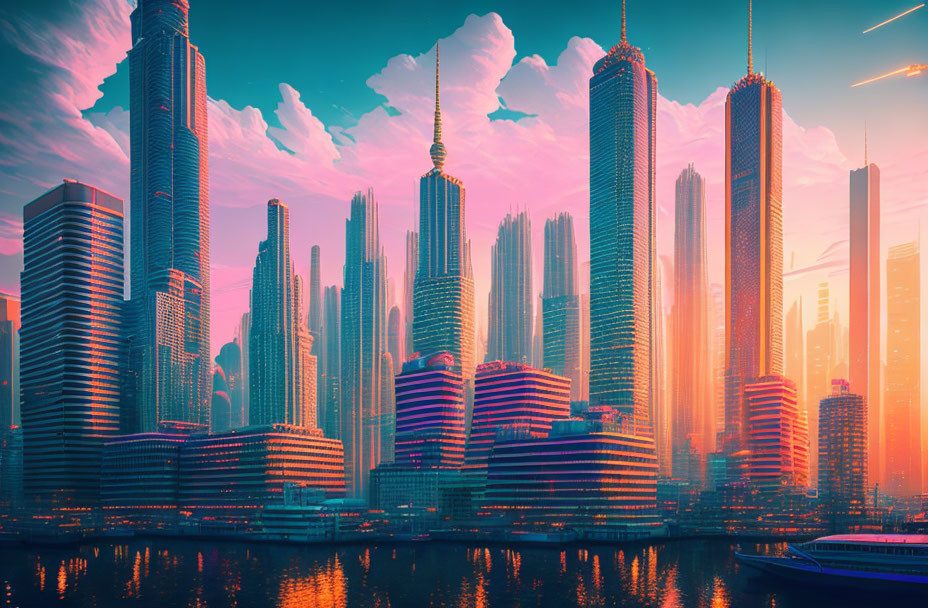 Vibrant futuristic cityscape with towering skyscrapers and warm pink hues