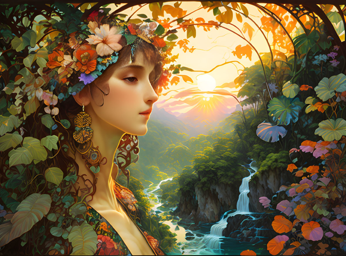 Serene woman with floral adornments in nature with waterfalls and sunset