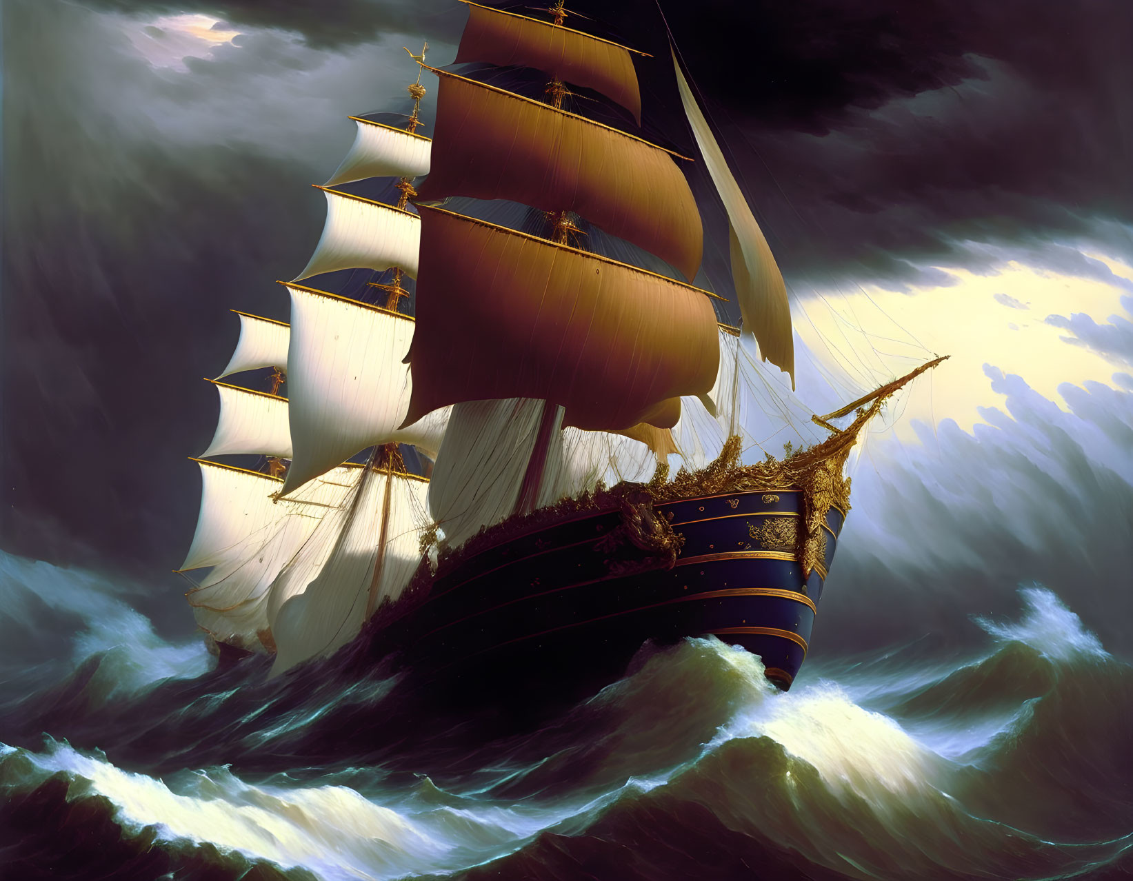 Sailship with multiple masts navigating turbulent seas