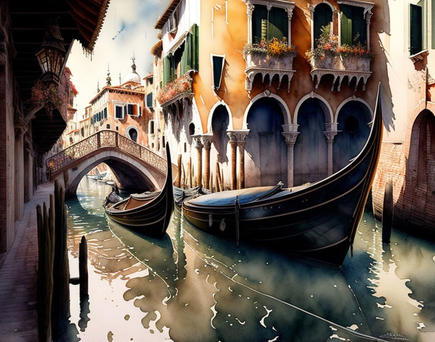 Venice canal scene with gondolas, old buildings, and bridge