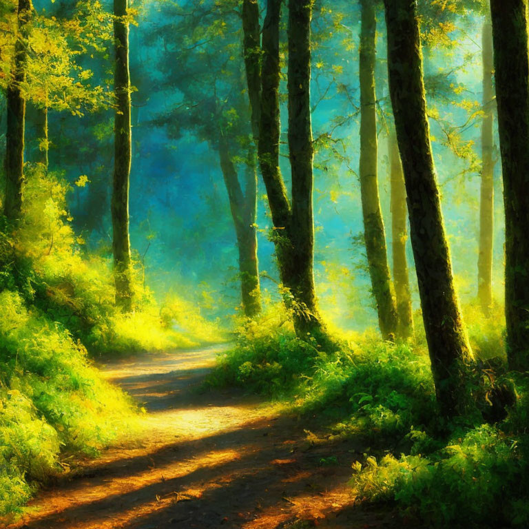 Lush Green Forest with Sunlit Dirt Path