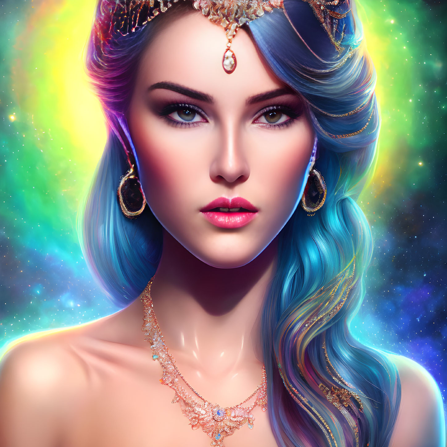 Digital Artwork: Woman with Blue Hair and Cosmic Background