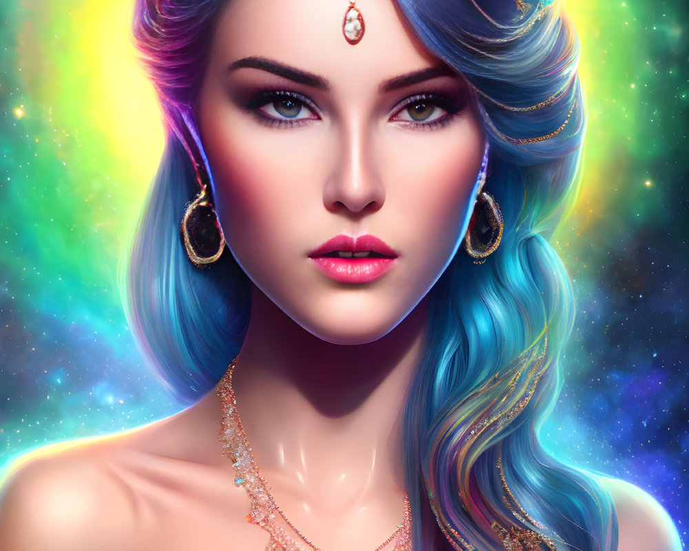 Digital Artwork: Woman with Blue Hair and Cosmic Background