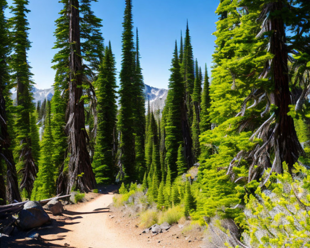 Scenic dirt path through lush pine forest and mountain peak