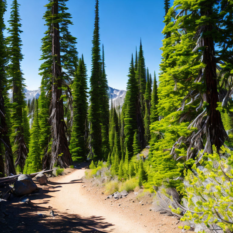 Scenic dirt path through lush pine forest and mountain peak