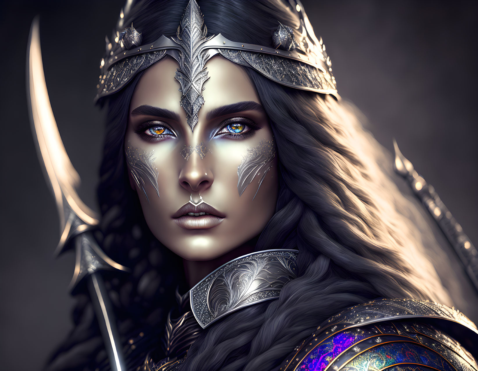 Detailed digital portrait of fantasy female warrior in silver armor with crown and blue eyes, holding spear on dark