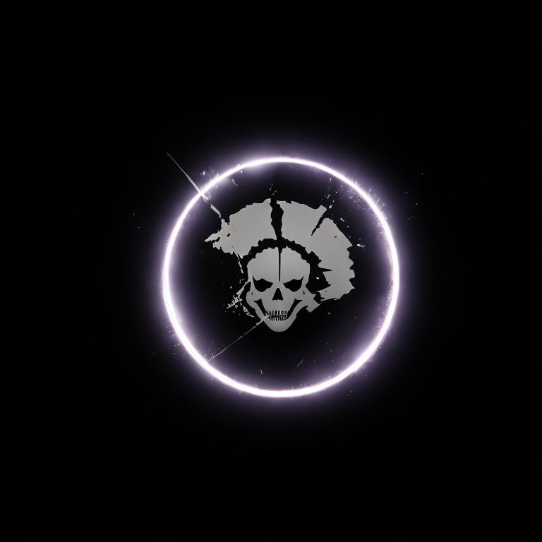 White Skull and Crossed Bones in Purple Ring on Dark Background