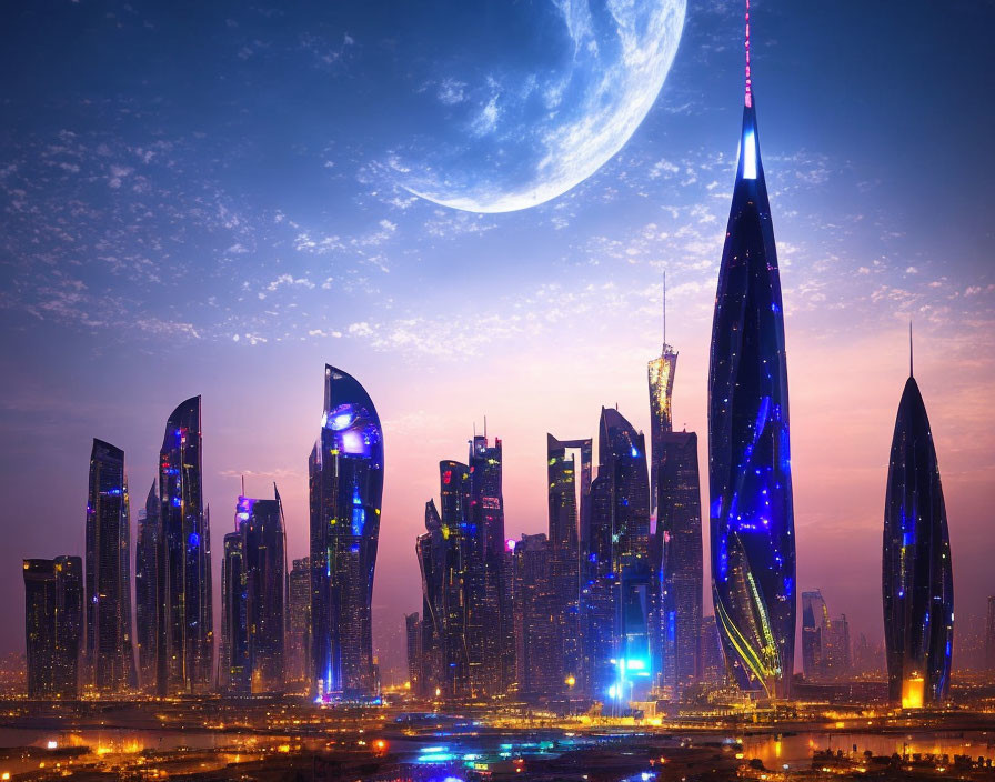 Futuristic city skyline with illuminated skyscrapers at dusk