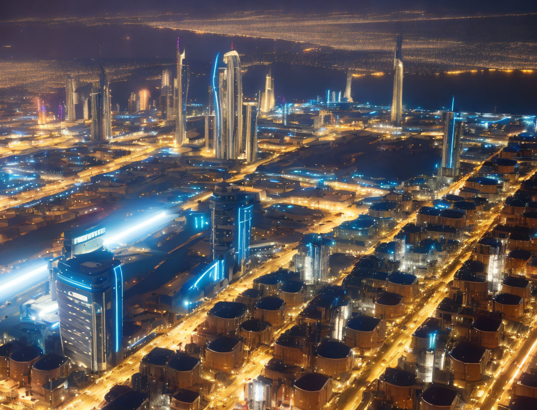 Cityscape with illuminated streets and high-rise buildings at night